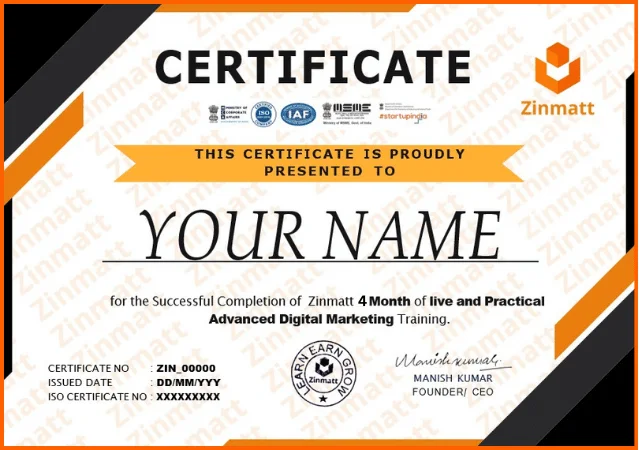 Sample 90-day digital marketing course completion certificate issued in association with Zinmatt